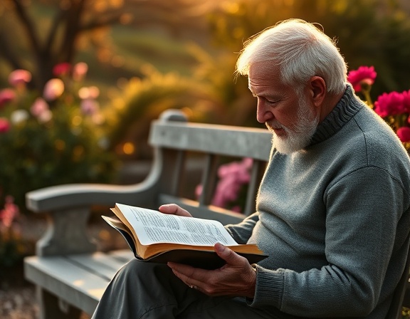 thoughtful Study Bible, elderly person, analyzing text, photorealistic, serene garden with stone bench and blooming flowers, highly detailed, gentle breeze, Nikon Z7 II, muted earth tones, golden hour lighting, shot with a 85mm lens.