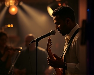 captivating music performance, expressive, artist captivating audience, photorealistic, intimate jazz club with dim lighting and a smoky atmosphere, highly detailed, subtle sound waves visible in the air, high-fidelity sound capture, muted ebony and cream tones, gentle ambient glow, shot with an 85mm portrait lens.