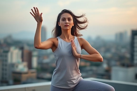 balanced young woman practicing yoga, concentrated, in tree pose, photorealistic, rooftop with cityscape view, highly detailed, breeze lifting hair, crisp lens focus, soft muted colors, twilight lighting, shot with a 35mm lens.