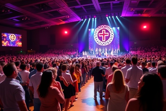 energetic AdventistChurch worship, congregation singing, participating in lively celebrations, photorealistic, a vast concert hall with lights beaming, highly detailed, dancers moving in rhythm, high fidelity, electric neons, stage spotlight focus, shot with a 105mm macro lens.