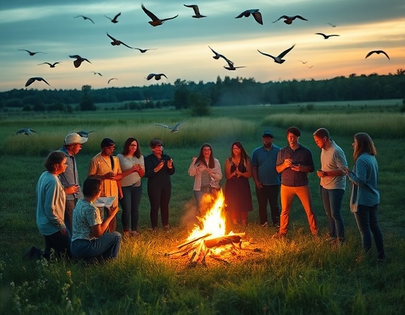 joyful Worship Gathering, harmony, community singing, photorealistic, a lush green meadow with a group of people encircling a bonfire, highly detailed, birds flying overhead, 35mm lens, vibrant colors, golden hour lighting, shot with a Nikon Z7.