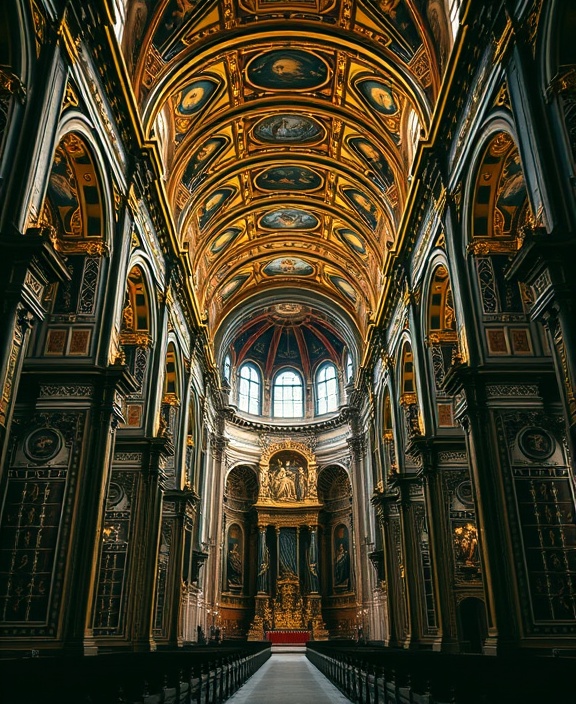 baroque church architecture, majestic, crafted with opulence and sophistication, photorealistic, with intricately gilded interiors and sprawling frescoes, highly detailed, sweeping arches and domes, tilt-shift, deep gold and burgundy, artificial grand lighting, shot with a 28mm lens