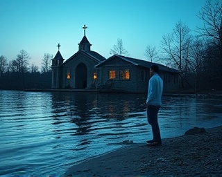 contemplative AdventistChurch faith, couple holding hands, sharing meditation, photorealistic, a rustic chapel by a serene lake, highly detailed, gentle waves lapping the shore, pixel-perfect texture, cool blues, dusk's fading light, shot with a 50-100mm mid-range zoom lens.