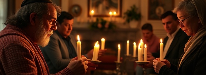 reverent Sabbath Rituals, solemn, participants lighting candles, photorealistic, a cozy family living room with traditional decorations, highly detailed, flickering candlelight illuminating faces, 85mm lens, soft focus, warm ambient lighting, shot with a Sony A7 III.
