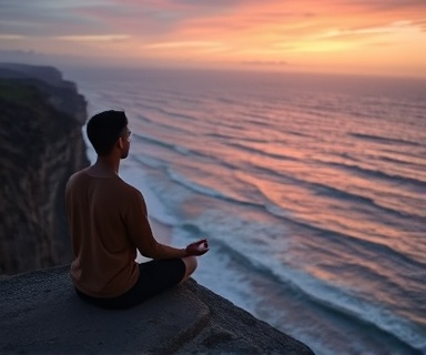 peaceful Worship Observance, reflective, an individual meditating, photorealistic, a cliffside overlooking the ocean at sunset, highly detailed, waves crashing below, 24mm lens, pastel hues, twilight glow, shot with a Fujifilm GFX 100.