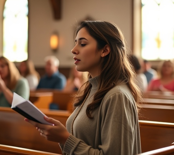reverent AdventistChurch worship, young woman singing, leading the hymn, photorealistic, intimate chapel with wooden pews, highly detailed, floating dust motes catch the light, bokeh effect, soft pastels, gentle window light, shot with an 85mm prime lens.