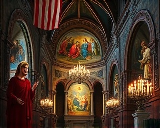 renaissance church art, emotive, depicting biblical scenes, photorealistic, within an ancient chapel adorned with frescoes and sculptures, highly detailed, dynamic play of light and shadow, hyperrealism, vibrant shades of blue and red, candlelit ambiance, shot with a 50mm lens