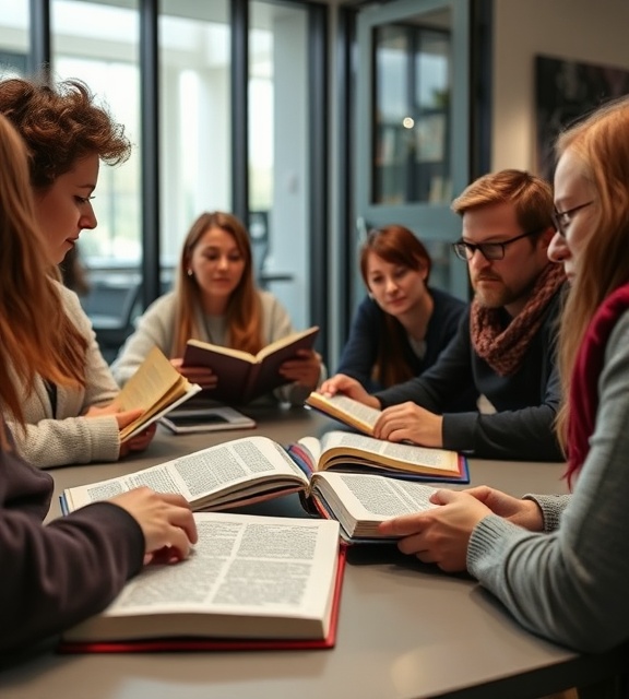thoughtful AdventistChurch faith, a book club discussing theology, exchanging insights, photorealistic, modern meeting room with glass walls, highly detailed, pages flipping softly, clarity in fine lines, subdued grays and maroons, indoor lighting, shot with a 35mm lens.