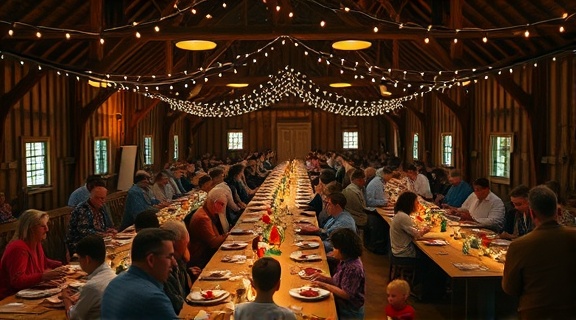 celebratory Sabbath Ceremony, festive, congregation sharing a meal, photorealistic, long wooden tables set in a rustic barn with string lights overhead, highly detailed, children playing nearby, 50mm lens, soft focus, diffuse evening light, shot with a Leica Q2.