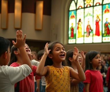 cheerful children worship, devotion, singing with hands raised, photorealistic, modern church hall with stained glass, highly detailed, a circle of kids in animated expressions, 35mm wide-angle lens, soft pastels, moody indoor lighting, shot with a Canon RF 35mm f/1.8 Macro IS STM lens.