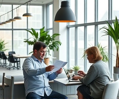 collaborative outreach collaboration, interacting, discussing plans with a team, photorealistic, open-plan office with large windows and plants, highly detailed, laptops on the table, precise focus, muted colors, diffused daylight, shot with an 85mm lens.