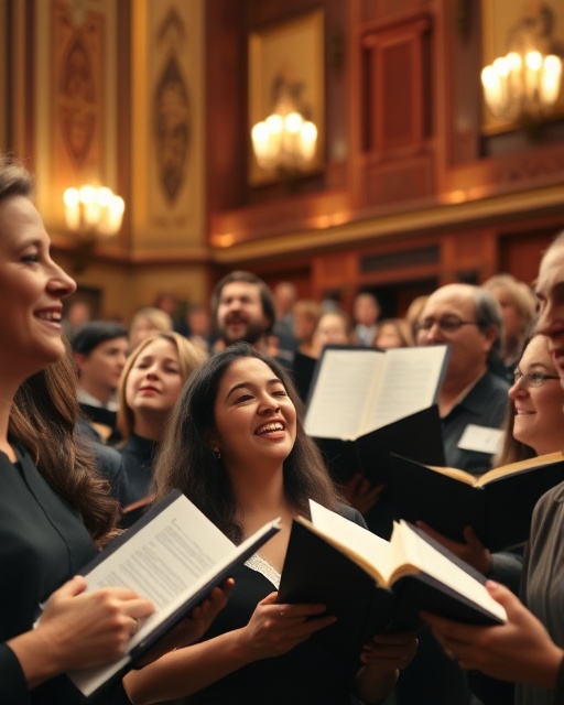 harmonious music choir, joyous, singers articulating, photorealistic, a grand concert hall with perfect acoustics and elegant decor, highly detailed, flowing sheet music in the air, meticulously controlled sound levels, rich and vibrant, soft spotlights, shot with a 70-200mm telephoto lens.
