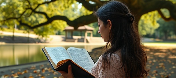reflective Study Bible, young woman, highlighting verses, photorealistic, tranquil park with large oak tree and gentle pond, highly detailed, falling leaves, Panasonic Lumix S1R, soft pastels, dappled sunlight, shot with a 45mm lens.