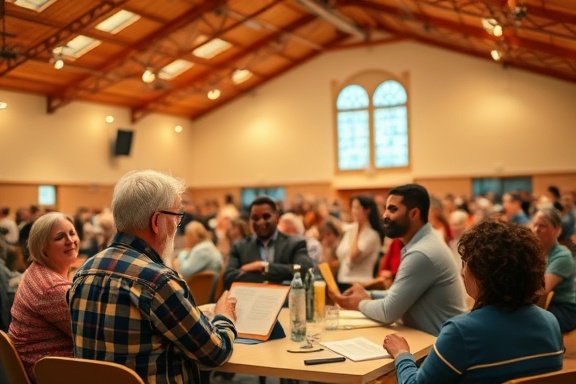animated church workshops, engaging, teaching with enthusiasm, photorealistic, brightly lit community hall filled with people, highly detailed, interactive displays, macro lens, vibrant colors, overhead lighting, shot with a 50mm f/1.8 lens.