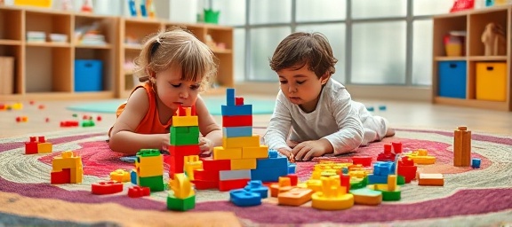 dynamic children programs, fascination, building with blocks, photorealistic, playroom with colorful rugs and block sets, highly detailed, blocks scattered around with intricate designs, 35mm lens, primary color palette, soft focused lighting, shot with a Sigma 35mm f/1.4 DG HSM Art lens.