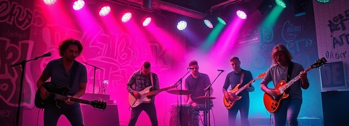 eclectic music band, dynamic, ensemble performing seamlessly, photorealistic, grungy underground club with pulsing neon lights and urban graffiti art, highly detailed, swirling fog under colored beams, extensive range audio representation, neon pinks and greens, flickering strobe, shot with a 35-105mm zoom lens.