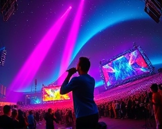 vibrant music concert, electrifying, singer reaching high note, photorealistic, expansive outdoor festival with starlit sky, highly detailed, aurora borealis effect forming overhead, impeccable sound staging, vivid rainbow hues, striking contrast, shot with a 16mm ultra-wide-angle lens.