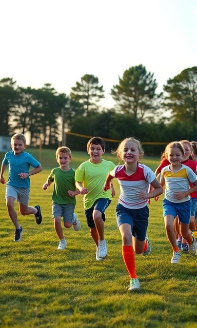 energetic ministry activities, happiness, engaging in team sports, photorealistic, open field with trees in the background, highly detailed, children relays and ball games, 70-200mm zoom lens, vibrant greens and blues, early evening light, shot with a Sony FE 70-200mm f/2.8 GM OSS lens.