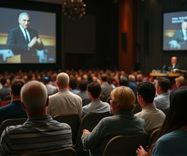 thought-provoking church talks, contemplative, thought leaders sharing insights, photorealistic, theater-style seating with focused audience, highly detailed, heavy use of projection visuals, prime lens, muted tones, soft stage light, shot with a 35mm f/1.2 lens.
