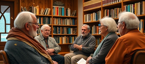 reflective AdventistChurch faith, group of elders discussing, sharing testimonials, photorealistic, community library with wooden shelves full of books, highly detailed, leaves fluttering at the doorstep, intricate contrast, soft browns, ambient interior lighting, shot with a 50mm standard lens.