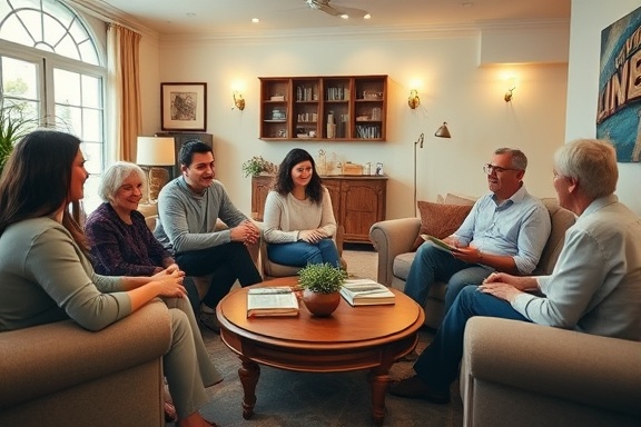 dynamic Bible Groups, cheerful atmosphere, sharing insights, photorealistic, spacious living room with comfortable sofas and coffee table, highly detailed, lively chatter, Fujifilm X-T4, pastel colors, cozy evening lighting, shot with a 35mm lens.