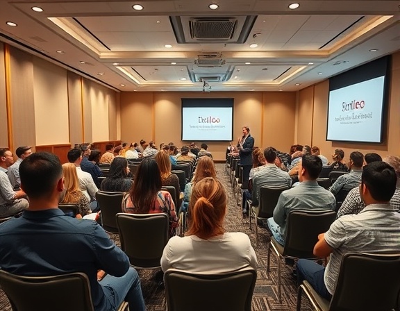 engaged outreach engagement, focused, hosting a workshop, photorealistic, spacious conference room with rows of chairs and a projector, highly detailed, attendees taking notes, sharp clarity, neutral tones, overhead artificial lighting, shot with a wide-angle lens.