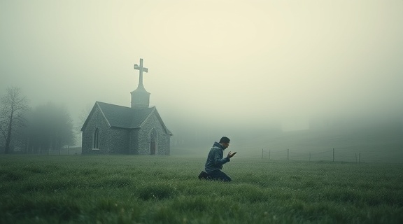 calm AdventistChurch spirituality, solitary figure kneeling, deep in prayer, photorealistic, an ancient stone church in a meadow, highly detailed, wisps of fog gliding softly, macro details, muted grays, early evening light, shot with a 35mm prime lens.