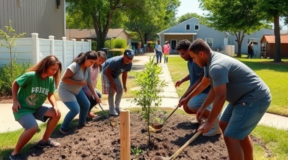 lively AdventistChurch community, youth interacting, partaking in community service, photorealistic, a vibrant neighborhood center, highly detailed, community members planting trees, realistic shadows, dynamic primary colors, midday sun, shot with a 24-70mm zoom lens.