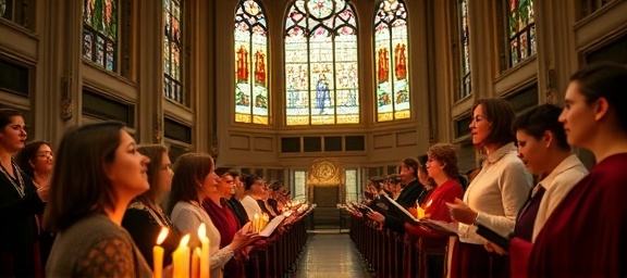 harmonious AdventistChurch worship, choir singing, lifting spirits with song, photorealistic, inside a grand cathedral adorned with stained glass windows, highly detailed, candles flickering in the light breeze, ultra high-definition, rich golds, candlelight glow, shot with a 135mm lens.
