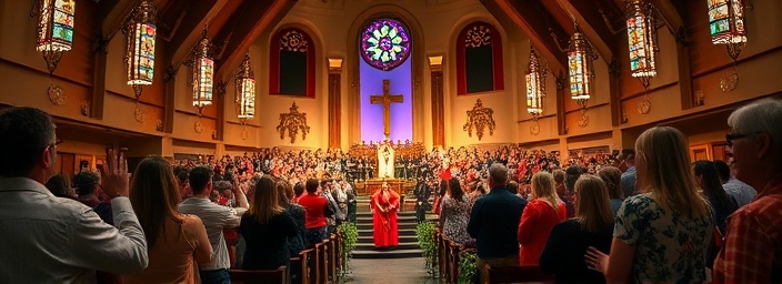 exuberant AdventistChurch worship, choir performing, harmonizing beautifully, photorealistic, lavishly decorated altar, highly detailed, echoes filling the space, pristine stereoscopy, rich hues, theatrical lighting, shot with a 100mm macro lens.