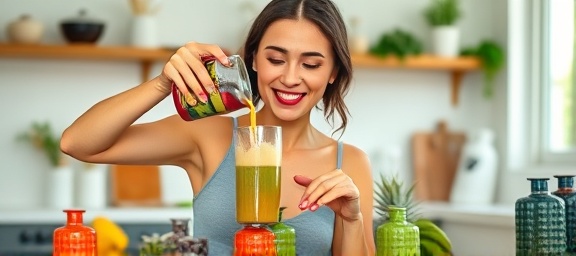 content woman preparing a smoothie, joyful, pouring ingredients, photorealistic, bright and organized kitchen space, highly detailed, fruits and vegetables on counter, vivid hues, ambient kitchen lighting, shot with a macro lens.