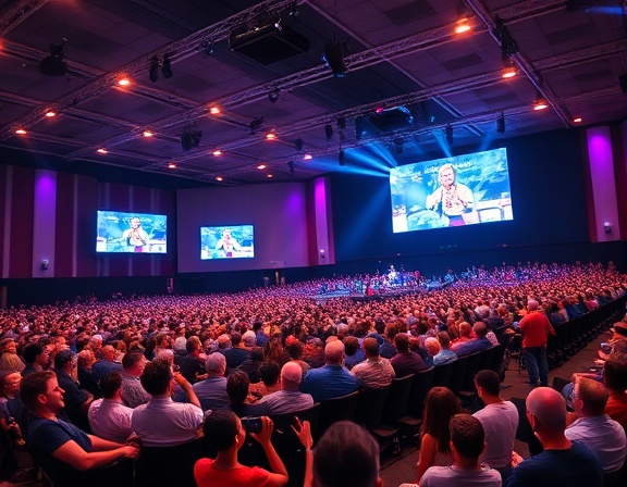 dynamic church conferences, inspiring, keynote presentations, photorealistic, large auditorium with banners and screens, highly detailed, bustling atmosphere, zoom lens, diverse color palette, spotlight effects, shot with a 70-200mm f/2.8 lens.