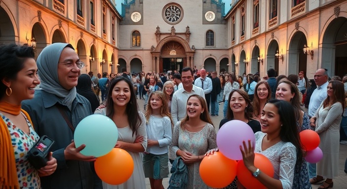 joyous AdventistChurch gathering, families smiling, celebrating a joyful moment, photorealistic, a bustling church courtyard with historical architecture, highly detailed, children playing with balloons, high dynamic range, vibrant hues, twilight ambiance, shot with an 85mm portrait lens.