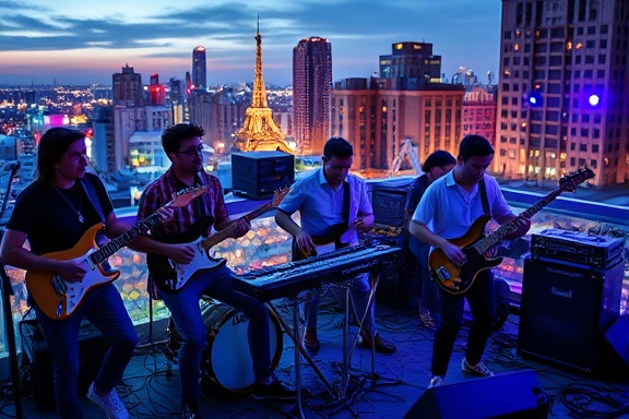 energetic music band, ecstatic, instruments in sync, photorealistic, bustling urban rooftop stage with city skyline backdrop, highly detailed, rhythmic vibrations resonating through the scene, ultra-sharp focus, electric blues and purples, dynamic LED lights, shot with a 24-70mm zoom lens.