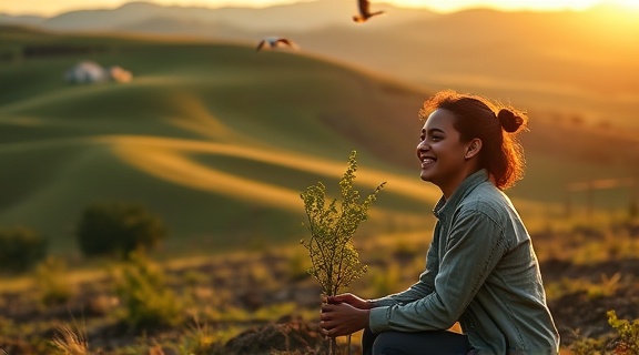 passionate outreach volunteer, joyful, planting trees, photorealistic, rural landscape with rolling hills, highly detailed, birds flying overhead, rich textures, earthly colors, golden hour sunrays, shot with a macro lens.