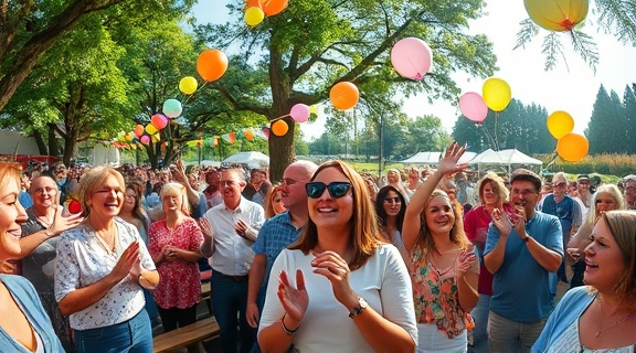joyous church gatherings, cheerful, singing and clapping, photorealistic, outdoor community park with picnic tables, highly detailed, flowing streamers and balloons, fisheye lens, bright colors, sunlight streaming down, shot with a 15mm f/2.8 lens.