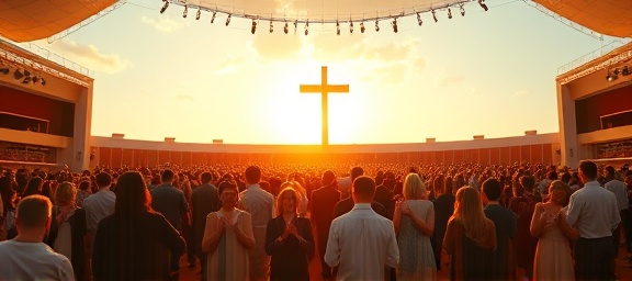 animated AdventistChurch gathering, congregation clapping, joining in worship, photorealistic, a grand stage under open skies, highly detailed, energy of the crowd palpable, crisp edge clarity, full spectrum colors, golden hour light, shot with an ultra-wide 12mm lens.