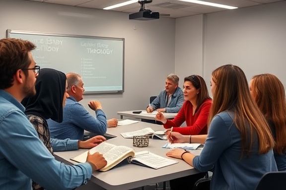 engaging Study Groups, diverse participants, discussing theology, photorealistic, modern classroom with whiteboard and projector, highly detailed, animated gestures, Sony A7R IV, vibrant colors, natural daylight, shot with a wide-angle lens.