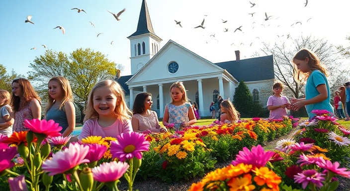 vibrant AdventistChurch community, children laughing, participating in outdoor activities, photorealistic, church surrounded by colorful flower gardens, highly detailed, birds flying in the sky, crisp texture, bright pastels, afternoon sunlight, shot with a 24mm wide-angle lens.