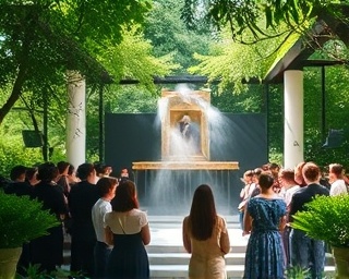 reverent music worship, contemplative, choir harmonizing, photorealistic, peaceful open-air temple surrounded by lush greenery, highly detailed, swirling mist around the altar, ethereal sound clarity, soft pastels, natural sunlight filtering through leaves, shot with a 35mm lens.