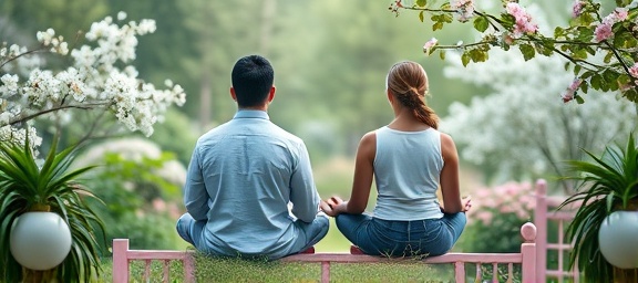 serene couple meditating, peaceful, sitting cross-legged, photorealistic, tranquil garden with blooming flowers, highly detailed, gentle breeze moving leaves, ultra-wide angle, pastel colors, soft diffused lighting, shot with a 24mm lens.