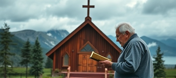 tranquil AdventistChurch spirituality, an elder sharing wisdom, engaging in storytelling, photorealistic, cozy wooden church with mountains in the backdrop, highly detailed, soft clouds drifting by, fine pixel detail, earthy greens, overcast daylight, shot with a 70-200mm telephoto lens.