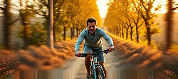 energetic man on a bicycle, focused, cycling uphill, photorealistic, countryside trail lined with trees, highly detailed, dynamic motion blur, high-resolution clarity, earthy tones, golden hour lighting, shot with a 70-200mm lens.
