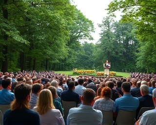 awaiting AdventistChurch gathering, expectant attendees, awaiting a sermon, photorealistic, a spacious outdoor amphitheater surrounded by trees, highly detailed, rustling leaves in the background soundscape, sharp details, cool greens, diffused skylight, shot with a panoramic lens.