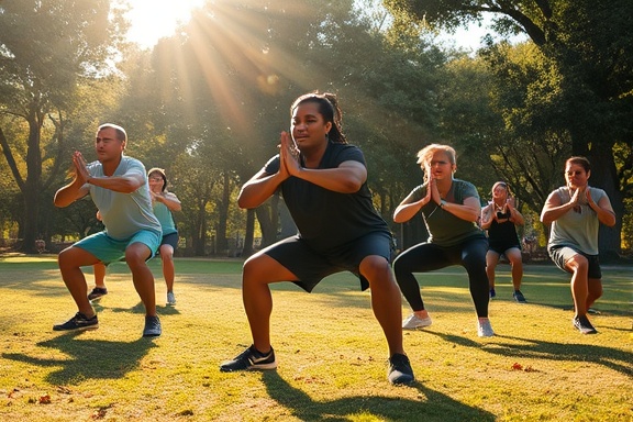 motivated group exercising outdoors, spirited, performing squats, photorealistic, park with sun rays filtering through trees, highly detailed, energetic movements, HD resolution, bright palettes, morning sunshine, shot with a 28mm lens.