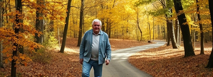 relaxed senior couple walking, content, holding hands, photorealistic, winding path in serene forest, highly detailed, leaves rustling underfoot, high-definition sharpness, autumn tones, dappled sunlight, shot with a 85mm lens.