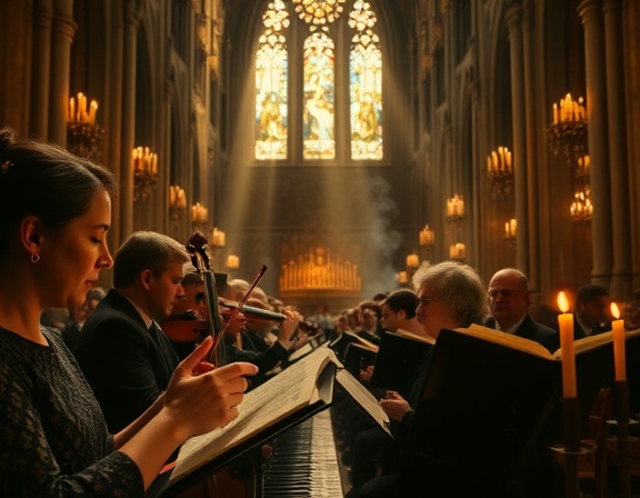 spiritual music worship, serene, musicians immersed, photorealistic, a sacred cathedral with candle-lit ambiance and stained glass reflections, highly detailed, incense smoke wafting through rays of light, HDR rendering, warm and golden, diffused lighting, shot with a 50mm prime lens.