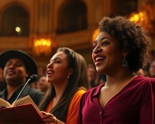 soulful music choir, passionate, individuals in perfect unison, photorealistic, historic concert venue with ornate architecture and acoustically fine-tuned walls, highly detailed, resonance and echo depicted visually, high-definition audio precision, deep maroon and gold, dramatic spotlighting, shot with a 100mm macro lens.