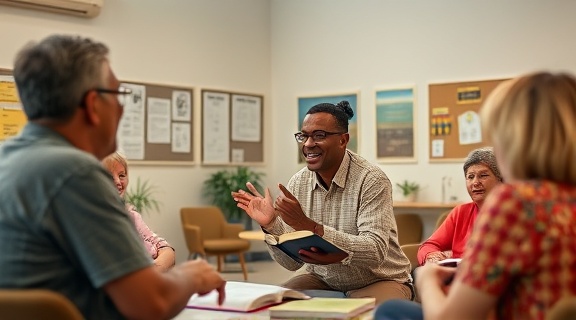 animated Bible Study, enthusiastic leader, illustrating points, photorealistic, airy community center with bulletin boards and potted plants, highly detailed, expressive movement, Canon 5D Mark IV, bright and cheerful, diffused natural light, shot with a 24-70mm lens.