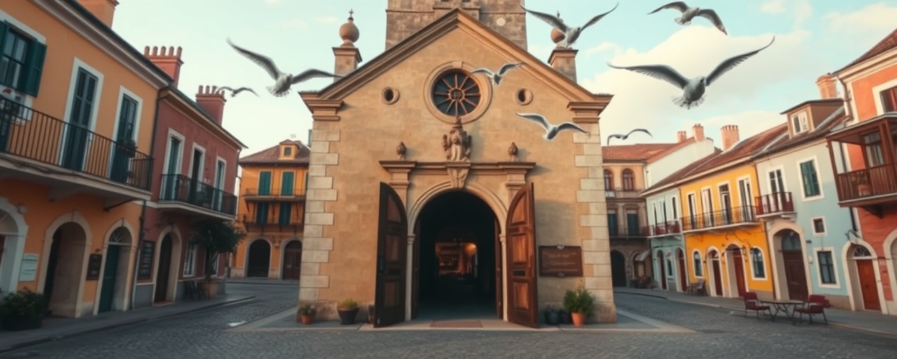 historic church entrance, inviting expression, opening doors to the community, photorealistic, set in a quaint old town square with cobblestone paths and colorful houses, highly detailed, birds in mid-flight gracefully over the scene, shot with a 50mm lens, vibrant and warm colors, afternoon golden hour lighting, shot with a 50mm camera lens.